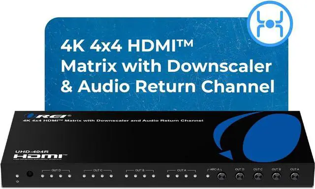 Alt view image 2 of 7 - OREI 4K@60Hz 4×4 HDMI Matrix Switch with Downscaler & ARC, 18Gbps, HDCP 2.2, HDR, Audio Extraction (Optical & Analog), 4K-to-1080p Scaling, IR Remote (UHD-404R)