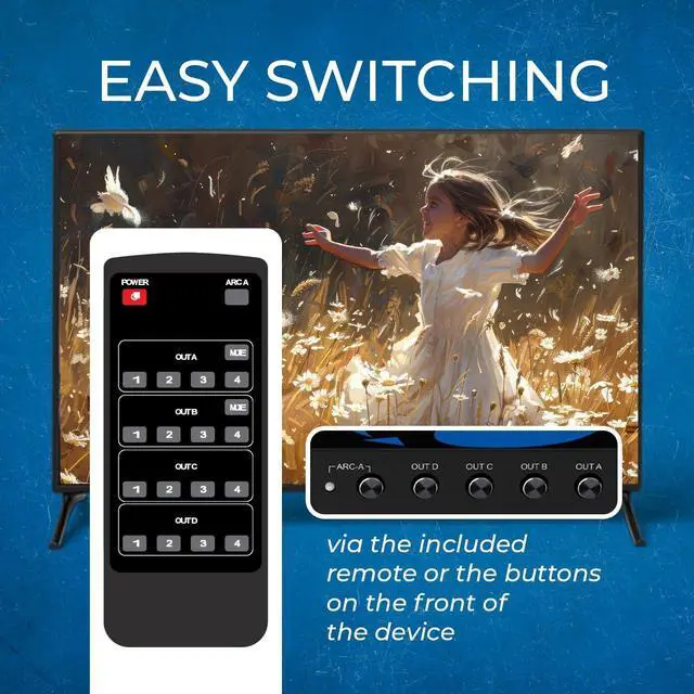 Alt view image 4 of 7 - OREI 4K@60Hz 4×4 HDMI Matrix Switch with Downscaler & ARC, 18Gbps, HDCP 2.2, HDR, Audio Extraction (Optical & Analog), 4K-to-1080p Scaling, IR Remote (UHD-404R)