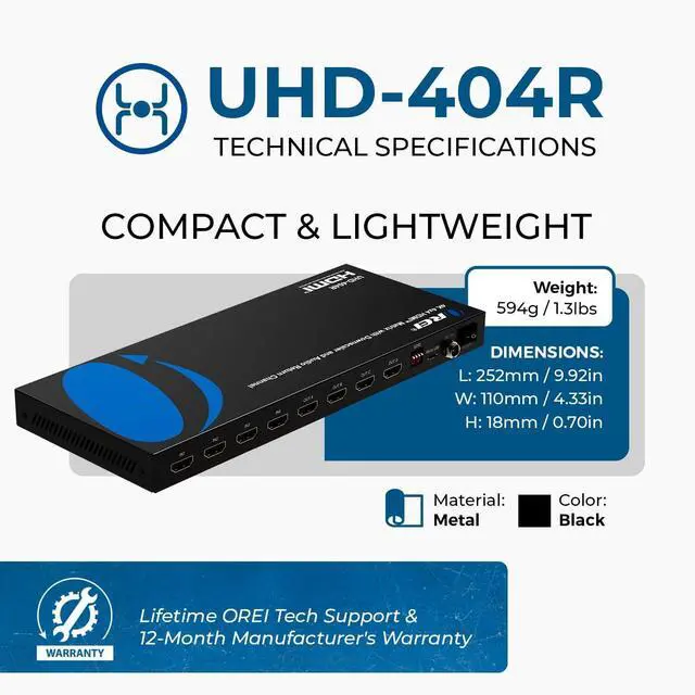 Alt view image 5 of 7 - OREI 4K@60Hz 4×4 HDMI Matrix Switch with Downscaler & ARC, 18Gbps, HDCP 2.2, HDR, Audio Extraction (Optical & Analog), 4K-to-1080p Scaling, IR Remote (UHD-404R)