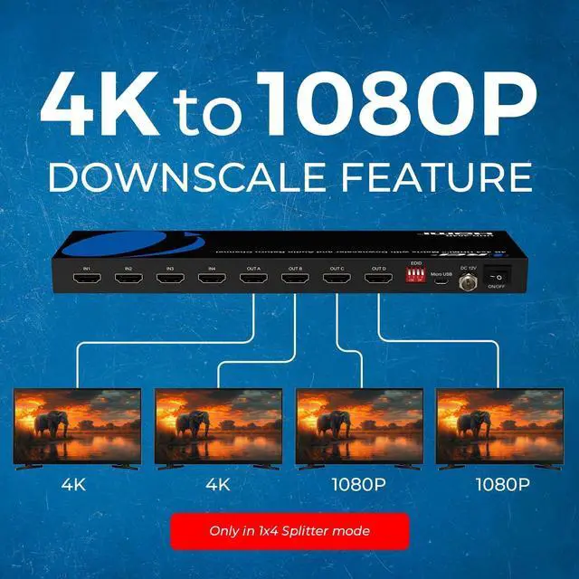 Alt view image 6 of 7 - OREI 4K@60Hz 4×4 HDMI Matrix Switch with Downscaler & ARC, 18Gbps, HDCP 2.2, HDR, Audio Extraction (Optical & Analog), 4K-to-1080p Scaling, IR Remote (UHD-404R)