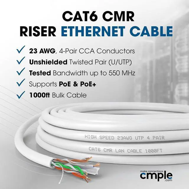 Alt view image 2 of 7 - Cmple - Cat6 Network (UTP), 23AWG Bulk LAN Ethernet Cable, CMR, Support 10 Gbps - 550 MHz, 1000 Feet, White