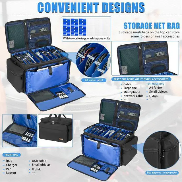 Alt view image 2 of 7 - AKOZLIN DJ Cable File Bag with Detachable Dividers and Bottom Cable Bags for Musicians Travel Gig Bag for 15.6" Laptop,Professional DJ Gear, Sound Instrument and Music Equipment Accessories