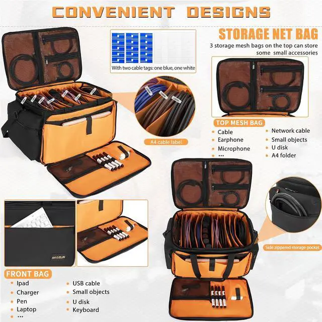 Alt view image 2 of 7 - AKOZLIN DJ Cable File Bag with Detachable Dividers and Bottom Cable Bags for Musicians Travel Gig Bag for 15.6" Laptop,Professional DJ Gear, Sound Instrument and Music Equipment Accessories