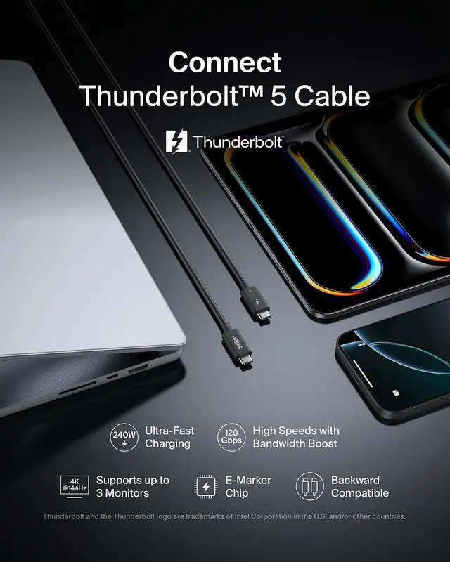 Alt view image 2 of 7 - Belkin 3.3ft USB-C Thunderbolt 5 Cable w/ 240W Power Delivery, Bandwidth Boost Up to 120Gbps, 3x Faster Data Transfer, and 4K UHD Display Resolution - Intel-Certified Fast Charging USB-C Cable - Black