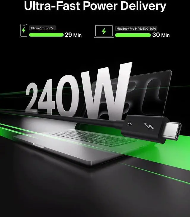 Alt view image 3 of 7 - Belkin 3.3ft USB-C Thunderbolt 5 Cable w/ 240W Power Delivery, Bandwidth Boost Up to 120Gbps, 3x Faster Data Transfer, and 4K UHD Display Resolution - Intel-Certified Fast Charging USB-C Cable - Black