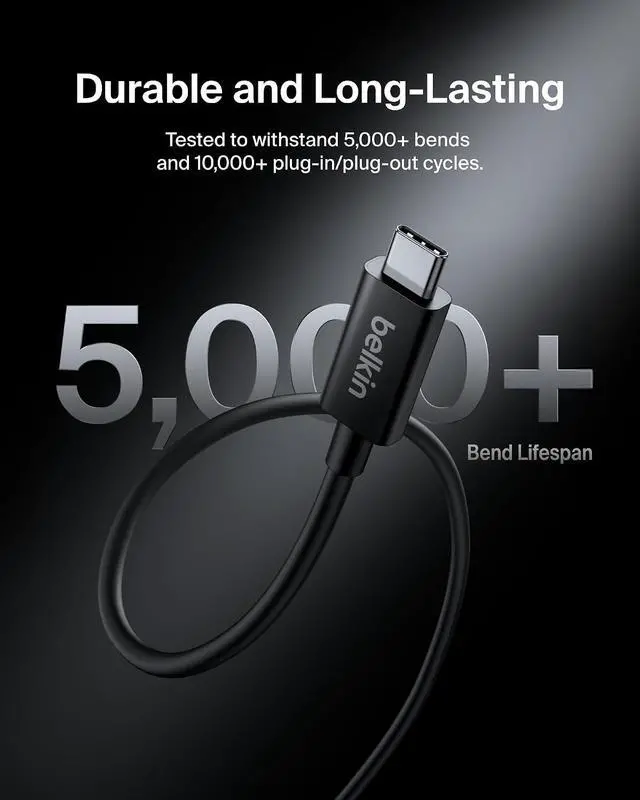 Alt view image 6 of 7 - Belkin 3.3ft USB-C Thunderbolt 5 Cable w/ 240W Power Delivery, Bandwidth Boost Up to 120Gbps, 3x Faster Data Transfer, and 4K UHD Display Resolution - Intel-Certified Fast Charging USB-C Cable - Black
