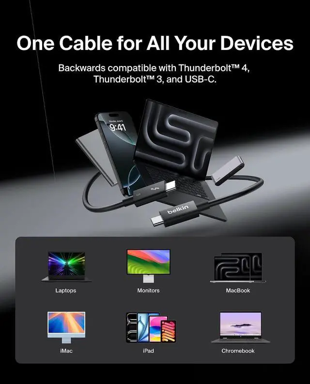 Alt view image 7 of 7 - Belkin 3.3ft USB-C Thunderbolt 5 Cable w/ 240W Power Delivery, Bandwidth Boost Up to 120Gbps, 3x Faster Data Transfer, and 4K UHD Display Resolution - Intel-Certified Fast Charging USB-C Cable - Black