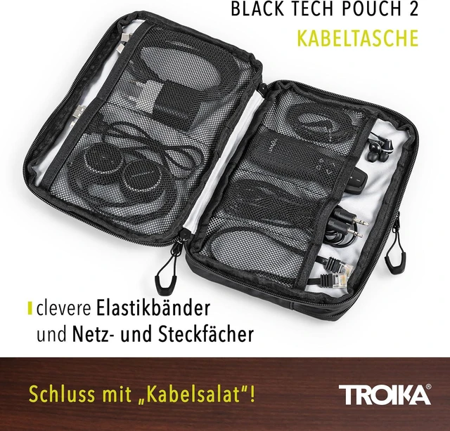 Alt view image 3 of 7 - Troika Black Tech Pouch 2 - BBL64/BK - Cable Organizer for Electronic Accessories 3 compartments with Water-Repellent Zippers 6 mesh Pockets Slip Pocket, Side Pocket Tarpaulin Black