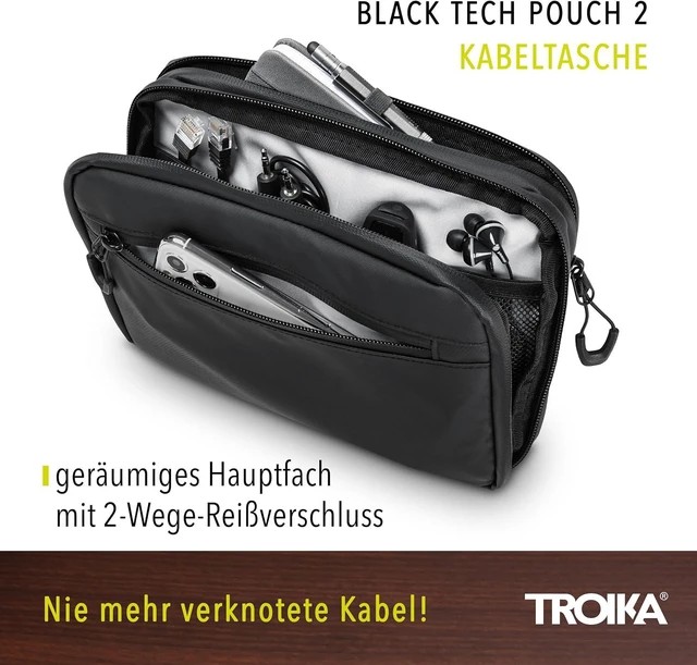 Alt view image 2 of 7 - Troika Black Tech Pouch 2 - BBL64/BK - Cable Organizer for Electronic Accessories 3 compartments with Water-Repellent Zippers 6 mesh Pockets Slip Pocket, Side Pocket Tarpaulin Black