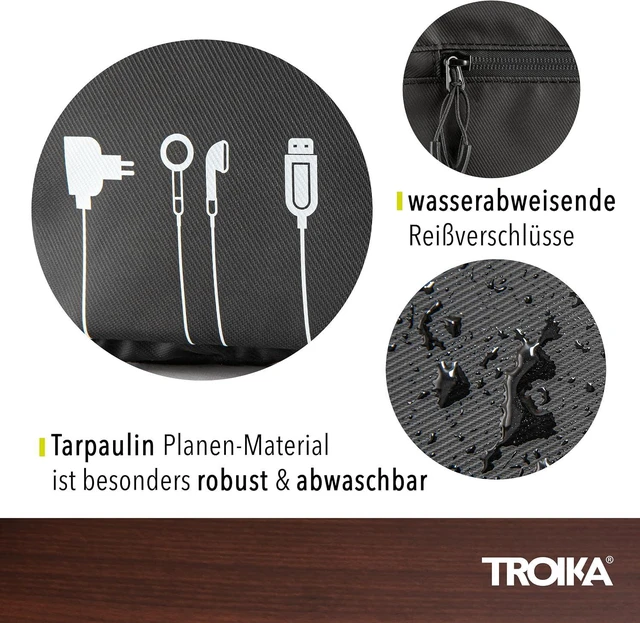 Alt view image 5 of 7 - Troika Black Tech Pouch 2 - BBL64/BK - Cable Organizer for Electronic Accessories 3 compartments with Water-Repellent Zippers 6 mesh Pockets Slip Pocket, Side Pocket Tarpaulin Black