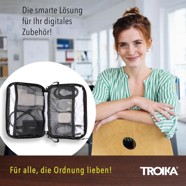 Alt view image 6 of 7 - Troika Black Tech Pouch 2 - BBL64/BK - Cable Organizer for Electronic Accessories 3 compartments with Water-Repellent Zippers 6 mesh Pockets Slip Pocket, Side Pocket Tarpaulin Black