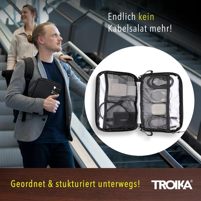 Alt view image 7 of 7 - Troika Black Tech Pouch 2 - BBL64/BK - Cable Organizer for Electronic Accessories 3 compartments with Water-Repellent Zippers 6 mesh Pockets Slip Pocket, Side Pocket Tarpaulin Black