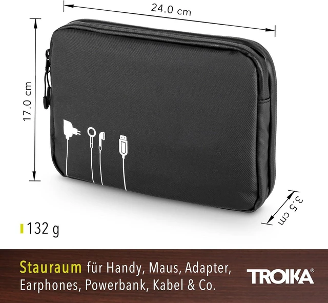 Alt view image 4 of 7 - Troika Black Tech Pouch 2 - BBL64/BK - Cable Organizer for Electronic Accessories 3 compartments with Water-Repellent Zippers 6 mesh Pockets Slip Pocket, Side Pocket Tarpaulin Black