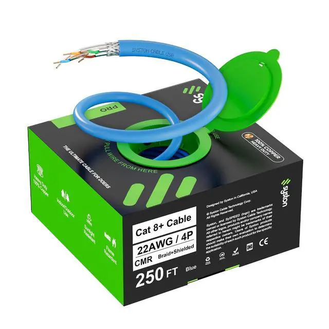 Alt view image 2 of 7 - Syston Cable Cat8 Ethernet Bulk Raw Cable 2000MHz 2GHz 40GB 250 ft Solid Bare Copper S/FTP Individual electromagnetic Tinned Copper Braid Shield 22/4 4 Pair 22 AWG CMR FT4 UTP Blue Order to Cut