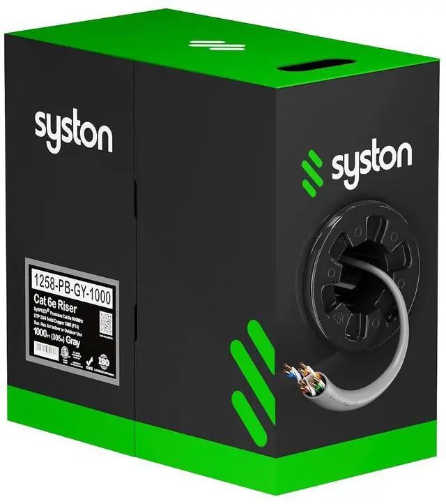 Main image of SYSTON CAT 6E Ethernet Network LAN Cable Bulk Raw - 600 MHz 23 AWG UTP Solid Bare Copper Wire for Indoor/Outdoor IP PoE Applications, FT4/CMR/Riser-Rated ETL Listed RoHS Without RJ45 End - Grey, 304m