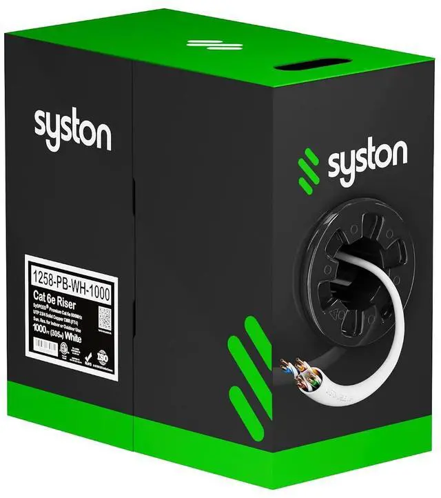 Main image of SYSTON CAT 6E Ethernet Network Lan Cable Bulk Raw - 600 MHz 23 AWG UTP Solid Bare Copper Wire For Indoor/Outdoor IP PoE Applications, FT4/CMR/Riser-Rated ETL Listed RoHS Without RJ45 End - White, 304m