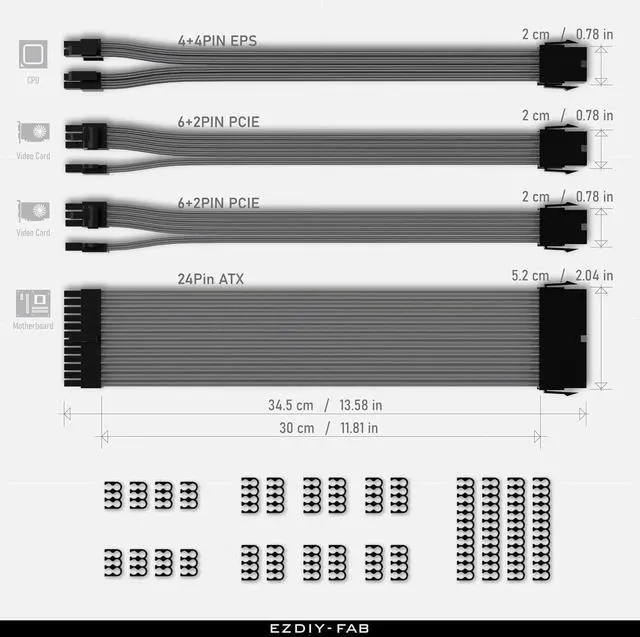 Alt view image 3 of 6 - EZDIY-FAB PSU Extension Cable Sleeved Custom Mod PC Power Supply Cable, Soft Nylon Braided with Comb Kit 24PIN/8PIN to 6+2Pin/ 8PIN to 4+4PIN-30CM 300MM-Carbon