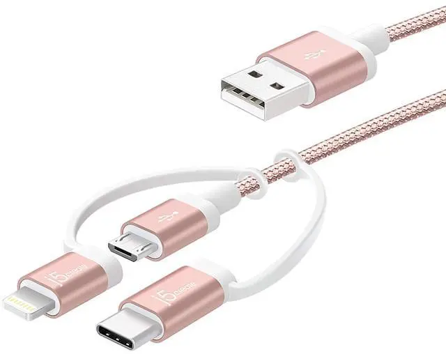 Main image of j5create 3-in-1 Charger Cable Adapter | 3.3ft Nylon Braided USB to Micro-USB Compatible with Apple iPhone Charger Lightning Cable (MFI Certified) & USB Type C Devices | iOS, Android (Rose Gold)