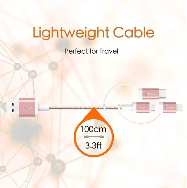 Alt view image 3 of 5 - j5create 3-in-1 Charger Cable Adapter | 3.3ft Nylon Braided USB to Micro-USB Compatible with Apple iPhone Charger Lightning Cable (MFI Certified) & USB Type C Devices | iOS, Android (Rose Gold)