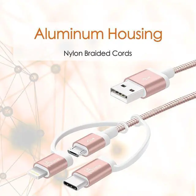 Alt view image 4 of 5 - j5create 3-in-1 Charger Cable Adapter | 3.3ft Nylon Braided USB to Micro-USB Compatible with Apple iPhone Charger Lightning Cable (MFI Certified) & USB Type C Devices | iOS, Android (Rose Gold)