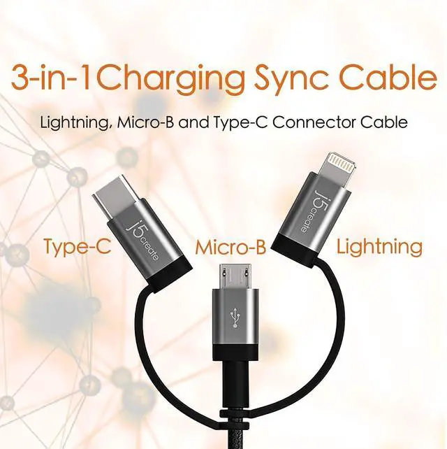 Alt view image 2 of 5 - j5create 3-in-1 Charger Cable Adapter | 3.3ft Nylon Braided USB to Micro-USB Compatible with Apple iPhone Charger Lightning Cable (MFI Certified) & USB Type C Devices | iOS, Android (Rose Gold)