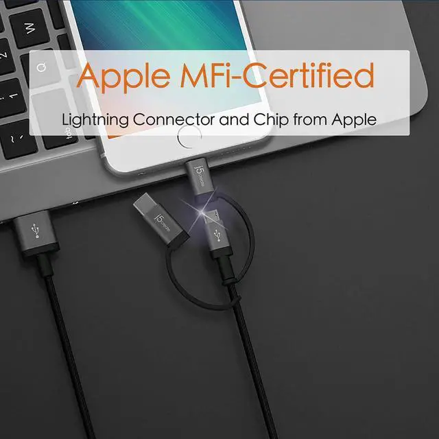 Alt view image 5 of 5 - j5create 3-in-1 Charger Cable Adapter | 3.3ft Nylon Braided USB to Micro-USB Compatible with Apple iPhone Charger Lightning Cable (MFI Certified) & USB Type C Devices | iOS, Android (Rose Gold)