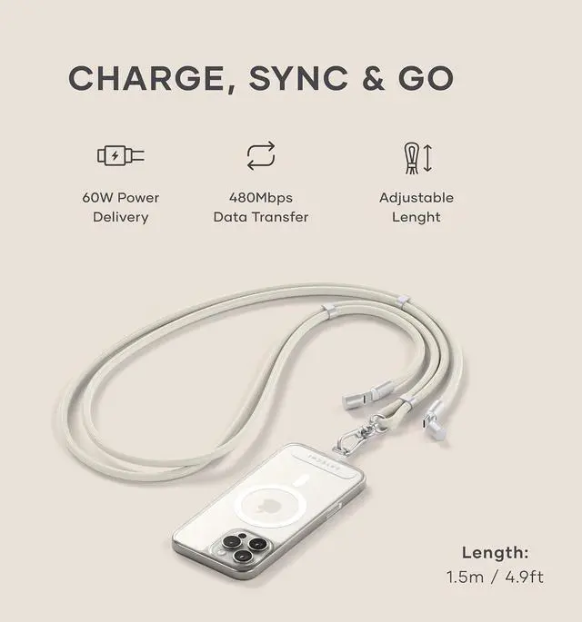 Alt view image 2 of 7 - Satechi OntheGo USB-C Lanyard Cable, 60W Fast Charging, 480Mbps Data Transfer, Built-in Crossbody Strap, Adjustable 1.5m / 4.9ft Braided Cord, USB-C to USB-C Cable for iPhone, Android Sand