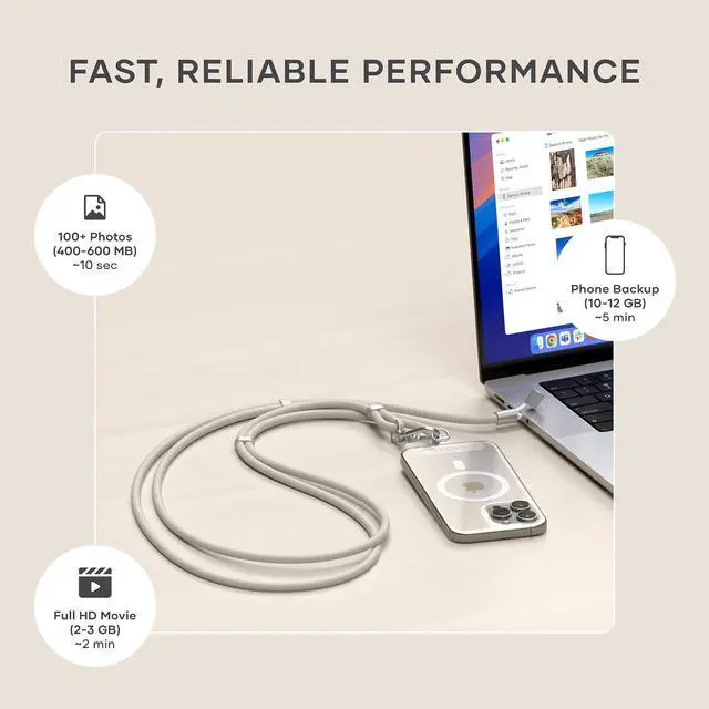 Alt view image 4 of 7 - Satechi OntheGo USB-C Lanyard Cable, 60W Fast Charging, 480Mbps Data Transfer, Built-in Crossbody Strap, Adjustable 1.5m / 4.9ft Braided Cord, USB-C to USB-C Cable for iPhone, Android Sand