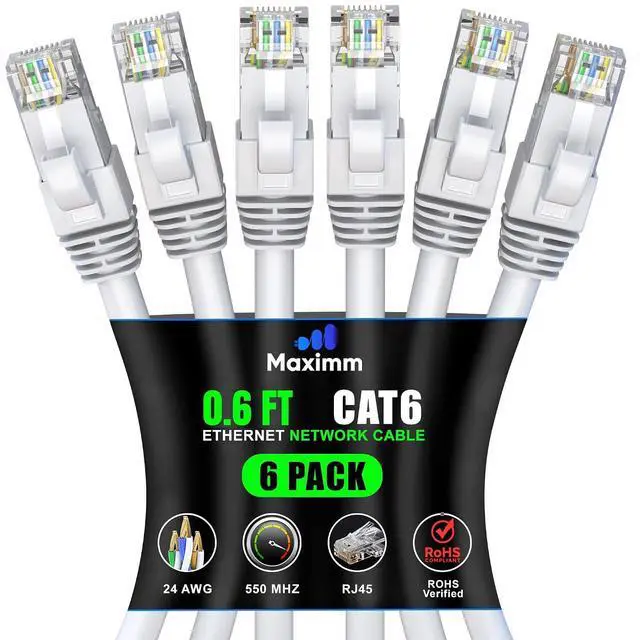 Main image of Maximm Cat 6 Ethernet Cable 0.6 ft (6-Pack) - High-Speed LAN Cable, Internet Cable, Patch Cable, and Network Cable - UTP, 10Gbps, 550MHz Ethernet Cord - White