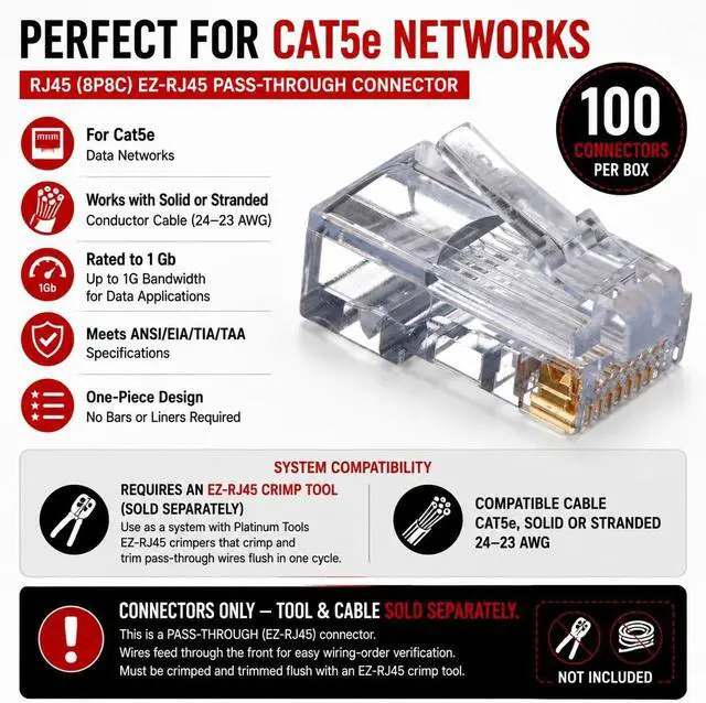 Alt view image 4 of 6 - Platinum Tools 100003B EZ-RJ45 Cat5E Connector, 100-Pack