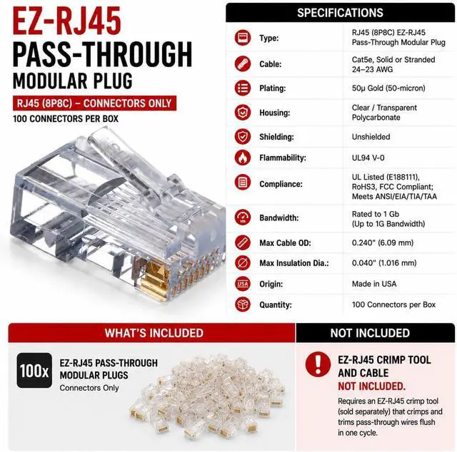 Alt view image 6 of 6 - Platinum Tools 100003B EZ-RJ45 Cat5E Connector, 100-Pack