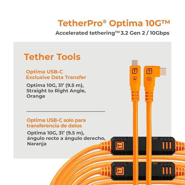 Alt view image 2 of 7 - Tether Tools TetherPro USB-C to USB-C, 31' (9.4m), Straight to Right Angle Cable with Dual in-line TetherBoosts, & Exclusive Data Transfer - Orange