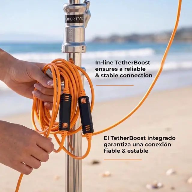 Alt view image 3 of 7 - Tether Tools TetherPro USB-C to USB-C, 31' (9.4m), Straight to Right Angle Cable with Dual in-line TetherBoosts, & Exclusive Data Transfer - Orange