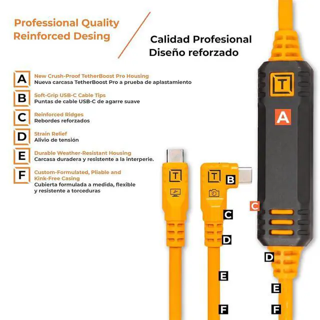 Alt view image 4 of 7 - Tether Tools TetherPro USB-C to USB-C, 31' (9.4m), Straight to Right Angle Cable with Dual in-line TetherBoosts, & Exclusive Data Transfer - Orange