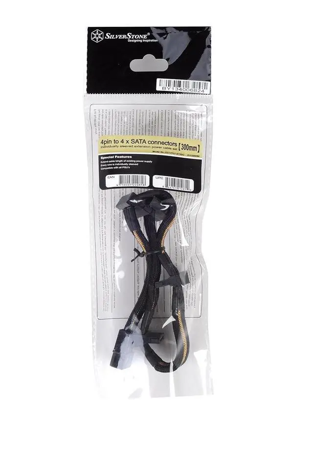 Alt view image 2 of 7 - Silverstone SST-PP07-BTSBG - 30cm Molex to 4X SATA Sleeved Extention Cable, Black Gold