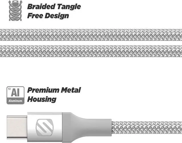 Alt view image 3 of 7 - Scosche Ci4B8SR-SP Strikeline MFi Certified Premium Charge & Sync Braided Cable for Lightning and USB-C Devices 8-ft. Silver