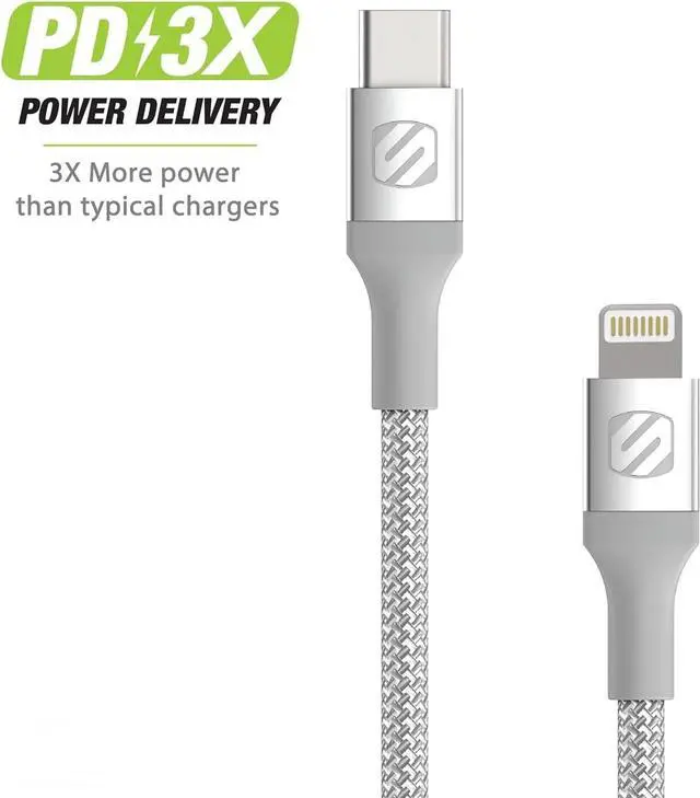 Alt view image 7 of 7 - Scosche Ci4B8SR-SP Strikeline MFi Certified Premium Charge & Sync Braided Cable for Lightning and USB-C Devices 8-ft. Silver