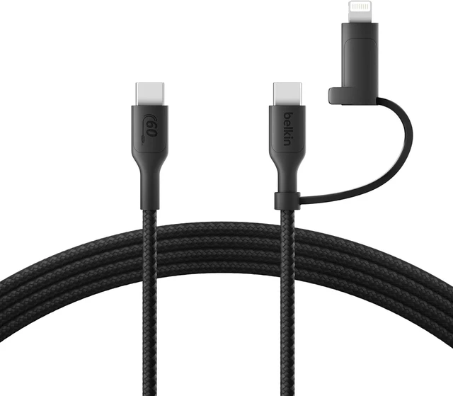 Main image of Belkin 2-in-1 Charging Cable with USB-C & Lightning Connector - Braided Fast-Charging Cable, USB-C to USB-C & Lightning Charger Cord, Multi-Charging Combo for Apple iPhone, iPad, Samsung, More - Black