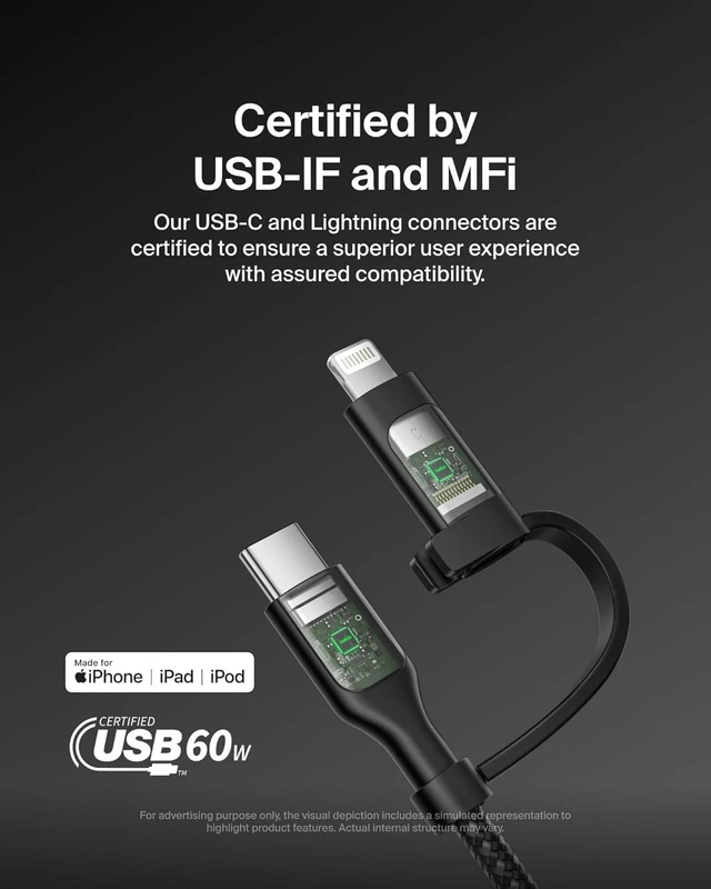 Alt view image 2 of 7 - Belkin 2-in-1 Charging Cable with USB-C & Lightning Connector - Braided Fast-Charging Cable, USB-C to USB-C & Lightning Charger Cord, Multi-Charging Combo for Apple iPhone, iPad, Samsung, More - Black