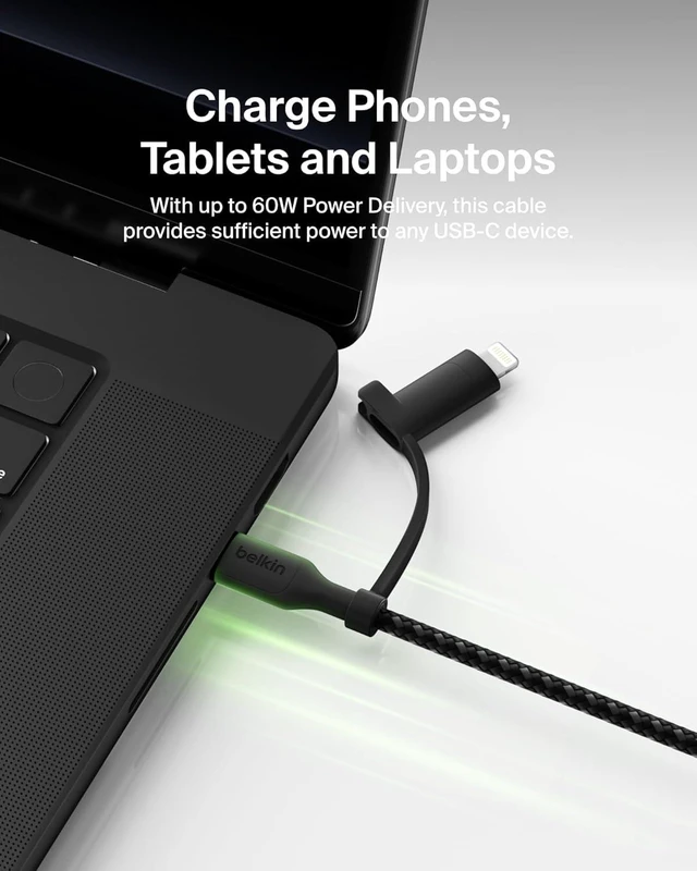 Alt view image 5 of 7 - Belkin 2-in-1 Charging Cable with USB-C & Lightning Connector - Braided Fast-Charging Cable, USB-C to USB-C & Lightning Charger Cord, Multi-Charging Combo for Apple iPhone, iPad, Samsung, More - Black