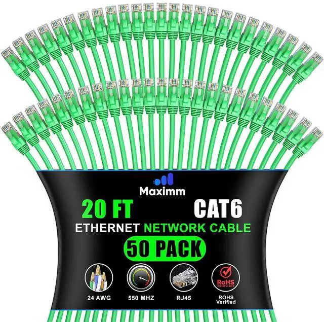 Main image of Maximm Cat 6 Ethernet Cable 20 ft (50-Pack) - High-Speed LAN Cable, Internet Cable, Patch Cable, and Network Cable - UTP, 10Gbps, 550MHz Ethernet Cord - Green