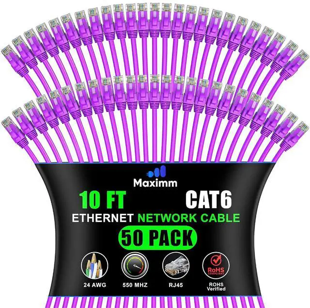 Main image of Maximm Cat6 Ethernet Cable 10 Ft Purple (50-Pack), 10Gbps 550MHz UTP Cord