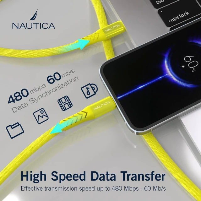 Alt view image 3 of 7 - Nautica C30 Type-C to Type-C 65W Fast Charge and Data Cable 1.2M Yellow