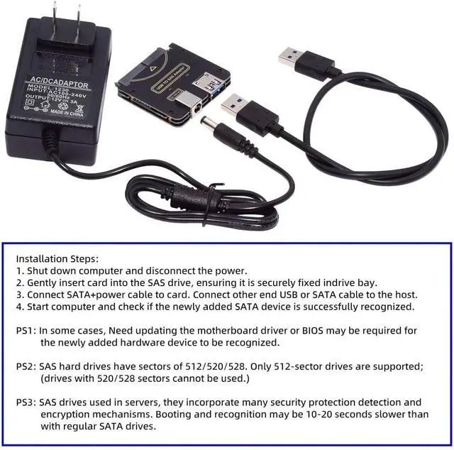Alt view image 2 of 7 - chenyang USB 3.0 to SAS Adapter for 2.5/3.5" SFF-8482 SAS Hard Disks to USB Converter Adapter with Power Supply (Need Power Supply to Work)