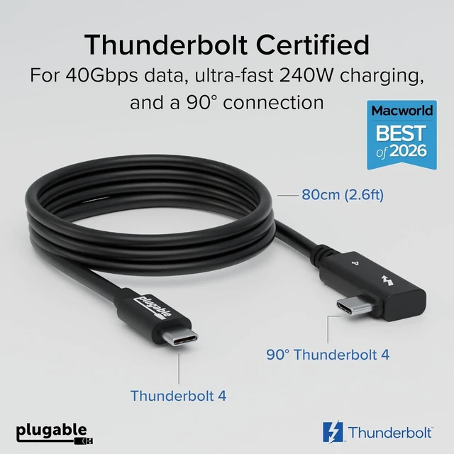 Alt view image 2 of 7 - Plugable Thunderbolt 4 Cable Right Angle 40Gbps with 240W EPR Charging, 8K Display, Intel Certified 2.6 Feet (80CM) Compatible with USB4, Thunderbolt 3, USB C, iPad, MacBook, Windows (TBT4-240W-80CMR)