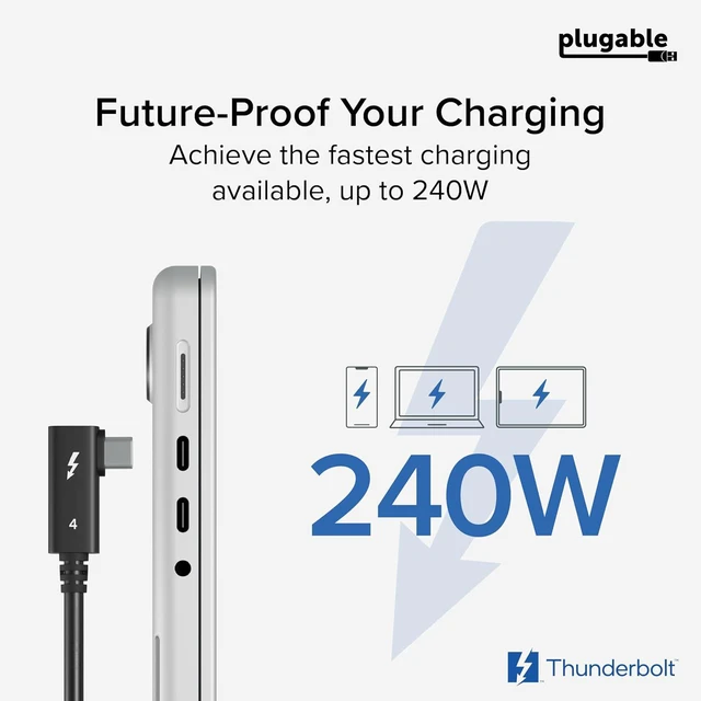 Alt view image 5 of 7 - Plugable Thunderbolt 4 Cable Right Angle 40Gbps with 240W EPR Charging, 8K Display, Intel Certified 2.6 Feet (80CM) Compatible with USB4, Thunderbolt 3, USB C, iPad, MacBook, Windows (TBT4-240W-80CMR)