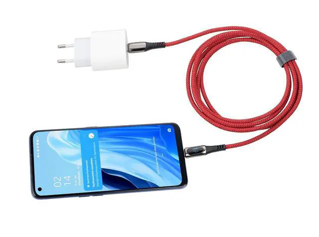 Alt view image 2 of 7 - TROIKA Charging Cable High-Speed USB-C 100W PD Power Delivery to USB-C - SPEEDY XL - with Data Transfer Function - with Digital Display of Charging Power - Metal, Polyester - Gunmetal, Red