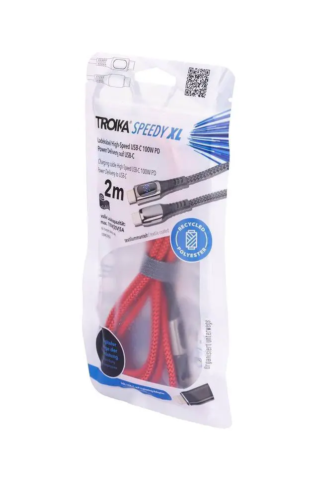 Alt view image 7 of 7 - TROIKA Charging Cable High-Speed USB-C 100W PD Power Delivery to USB-C - SPEEDY XL - with Data Transfer Function - with Digital Display of Charging Power - Metal, Polyester - Gunmetal, Red