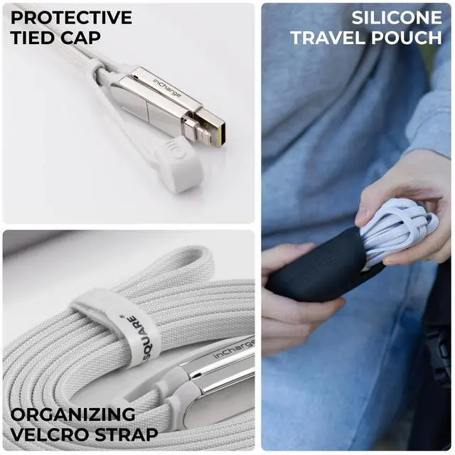 Alt view image 6 of 6 - Rolling Square inCharge XL 6-in-1 Multi Charging Cable, Portable USB and USB-C Cable with 100W Ultra-Fast Charging Power, 10 Ft/3m, Glacier White