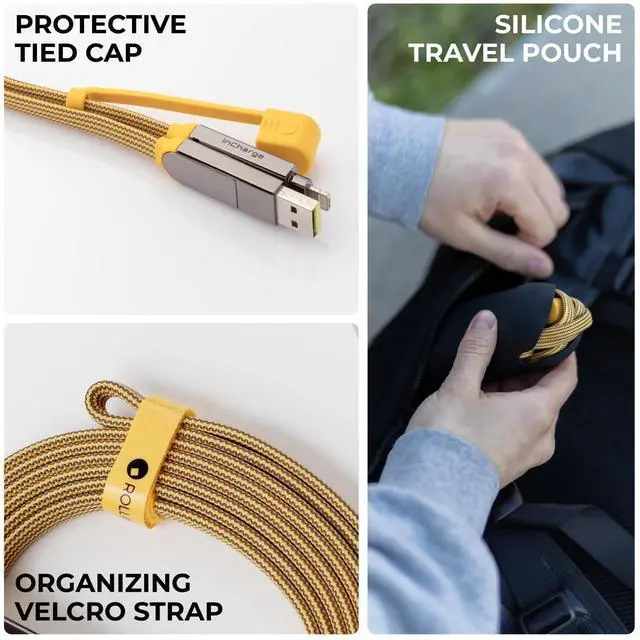 Alt view image 6 of 6 - Rolling Square inCharge XL 200 cm - USB-C Cable, Universal Smartphone Cable, Gift for Men, 6-in-1 Universal Charger for Smartphones, Technical Gadget, Yellow, Lightning Cable 100W